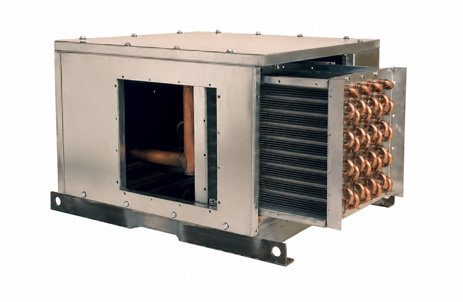 A M.A.R.C. cabinet with the finned coil partially slid out, showing the removable coil and copper return bends