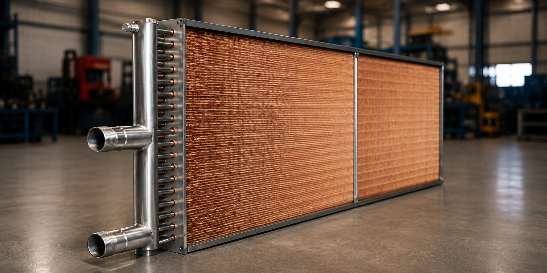 Custom steam coil with copper fins and stainless steel header and connections