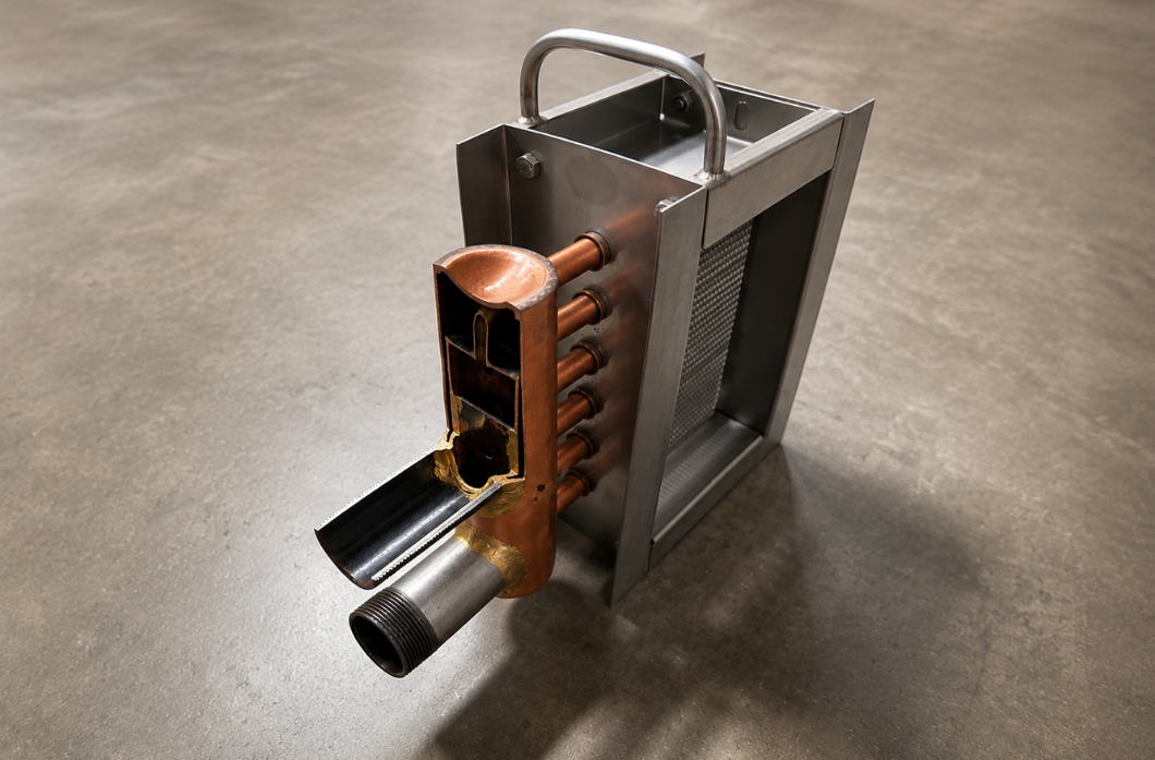 Cutaway of a steam distributing coil showing the inner perforated distribution tube